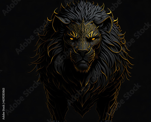 Golden-toned portrait of a lion on a black background
