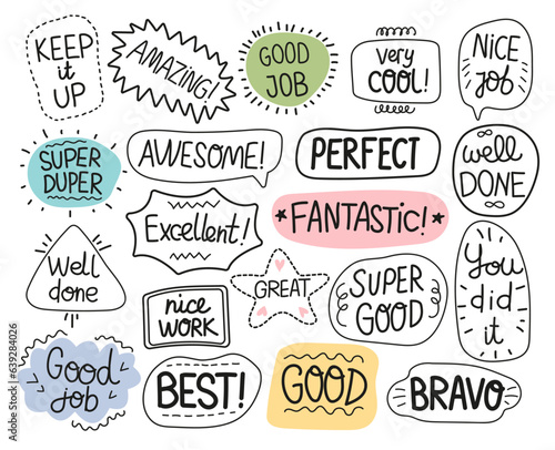 Job and great job stickers logo. Student icon. School reward, encouragement sign, stamp. Educational kids design. Vector illustration.
