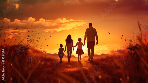 Happy and fun family  mother  father  children son and daughter on nature on sunset