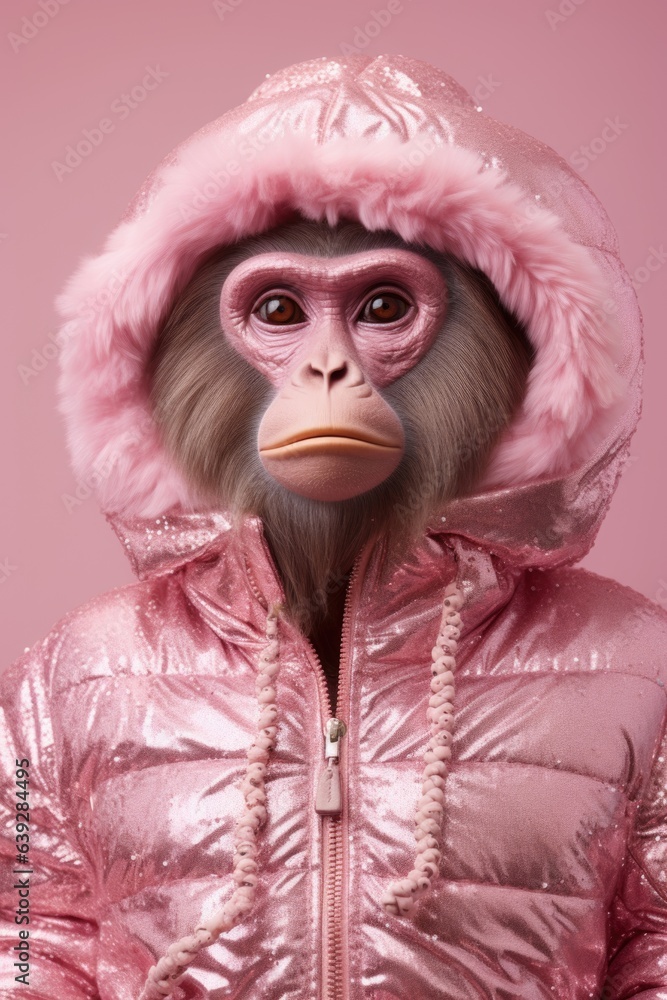 Cute monkey in pink warm down jacket on pink background. Cute monkey in pink warm down jacket on pink background.