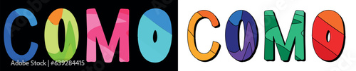 COMO. Set 2 in 1. Bright funny cartoon color doodle isolated text. Place in Italy COMO for print typography, travel social network, adv banner, t-shirt design.