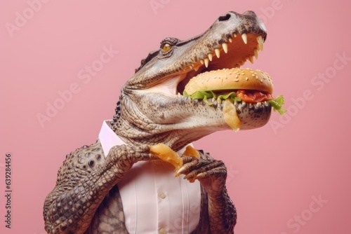 Toothy crocodile eating a big hamburger on pink background.