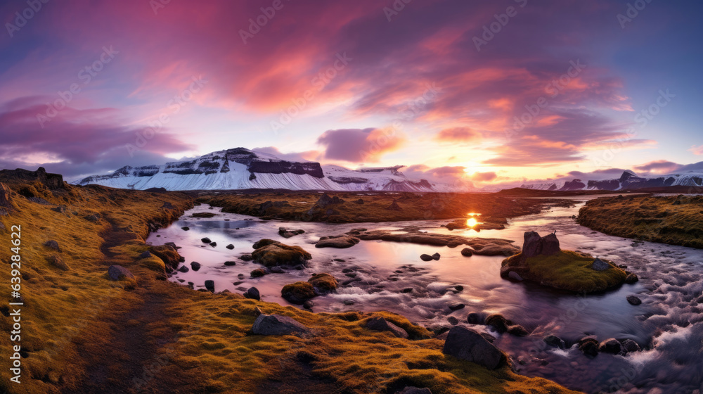 Iceland Landscape spring panorama at sunset