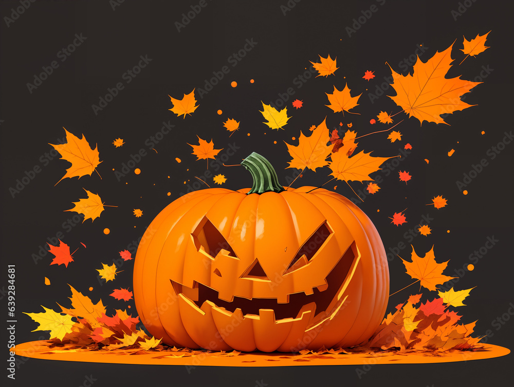 Art for happy halloween orange jack-o'-lantern pumpkin with scary muzzle on background of autumn maple leaves ornament and gray gradient, party concept, 3d Art for happy halloween orange jack-o'-lantern pumpkin with scary muzzle on background of autumn maple leaves ornament and gray gradient, party concept, 3d