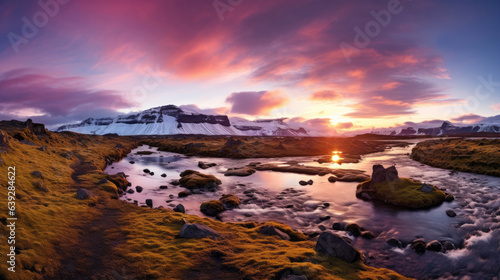 Iceland Landscape spring panorama at sunset