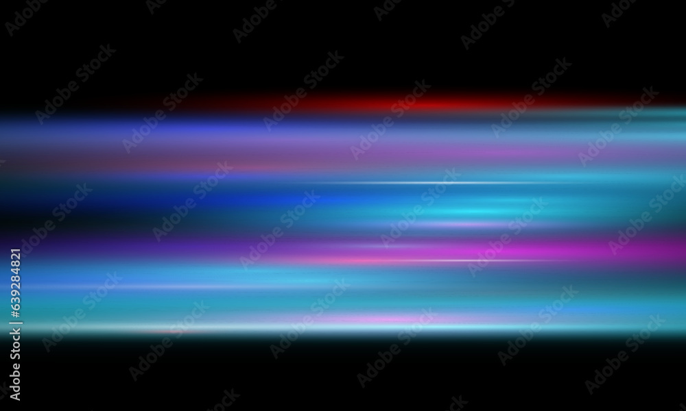 The light effect design. Vector blur in the light of radiance. Light and stripes moving fast over dark background. Element of decor. Horizontal rays of light.	