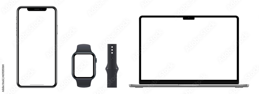 Set of phone, tablet and watch on transparent background with transparent screen. Stock illustration. Devices with blank screens. Set of phone, tablet and watch on transparent background with transparent screen. Stock illustration. Devices with blank screens.