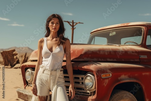 A brunette woman dressed in white tank top standing in front of rusty pickup truck in a desert. Vintage style minimal fashion shot.