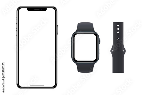 Set of phone and watch. Phone and smart watch with blank screens. Phone on transparent backgroun. Devices with transparent screens. Vector illustration
