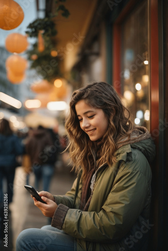 Joyful teen girl radiates happiness with her mobile, capturing youthful exuberance in vibrant stock photo