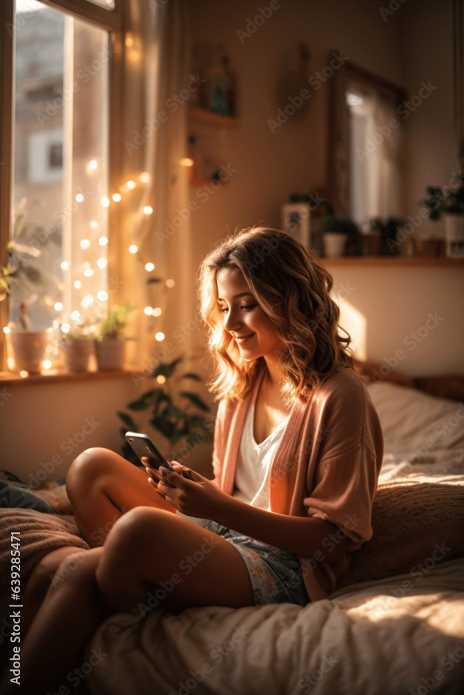 Joyful teen girl radiates happiness with her mobile, capturing youthful exuberance in vibrant stock photo Joyful teen girl radiates happiness with her mobile, capturing youthful exuberance in vibrant stock photo