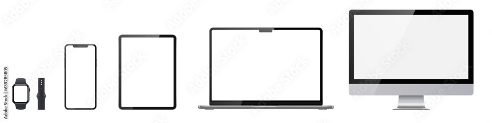 Set of computer, laptop, phone, tablet and watch on transparent background. Vector illustration. Devices with blank screens. Set of computer, laptop, phone, tablet and watch on transparent background. Vector illustration. Devices with blank screens.