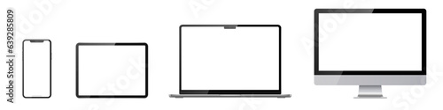 Set of monitor, laptop, tablet, phone on transparent background with transparent screen. Vector illustration.	