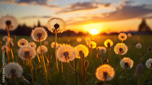 Print op canvas Dandelions in a field during sunset