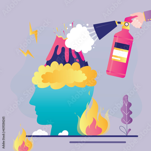 Hand uses fire extinguisher try to extinguish burning volcano on human head. Psychological therapy to cool down burning mind or anger, reduce burnout or mental illness