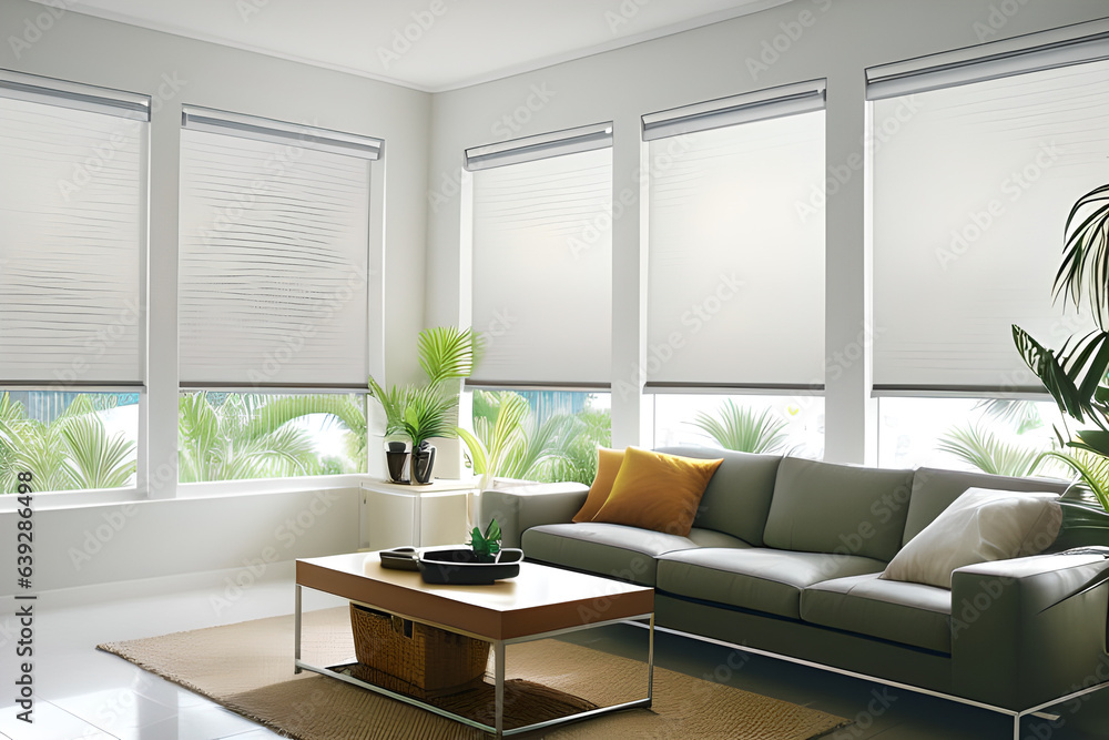 Interior roller blinds are used to cover the windows, and there are automatic solar shades in a bigger size for the windows. Side view Interior roller blinds are used to cover the windows, and there are automatic solar shades in a bigger size for the windows. Side view