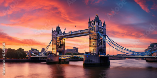 Panorama from the Tower Bridge to the Tower of London, United Kingdom, during sunset