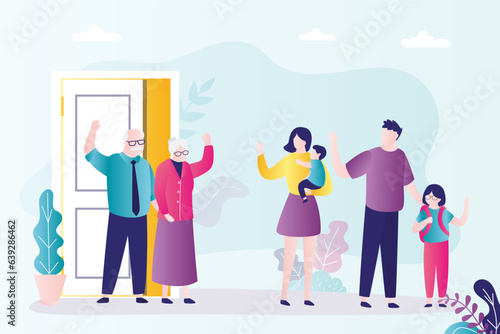 Young family with children leaves grandparents house. Independent living, separate living in your own home. Relocation, a long journey without grandparents. Relationship problems.