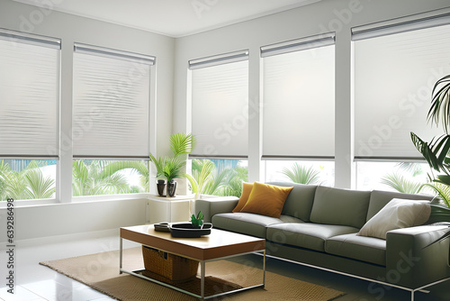 Interior roller blinds are used to cover the windows  and there are automatic solar shades in a bigger size for the windows. Side view