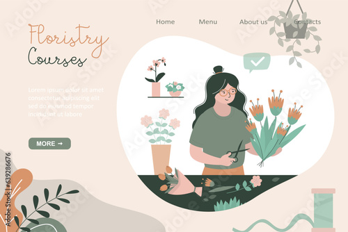 Floristry web courses, landing page template. Training in correct composition of beautiful bouquets. Flower arrangements from online bloggers.