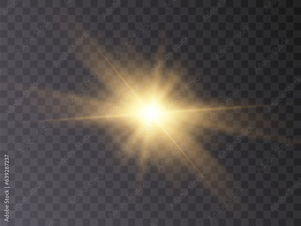 Glowing light explodes, light flash golden color. Beam of the shining sun. Special glare light effect. Bright flash.	