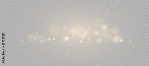 Gold dust light bokeh. Christmas glowing bokeh and glitter overlay texture for your design on a transparent background. Golden particles abstract vector background. photo
