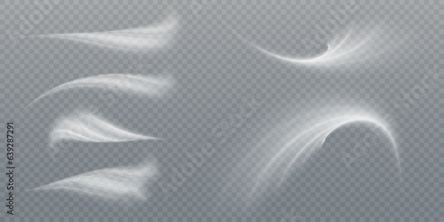 Design element to visualize the flow of air or water.
  Set of white airflow wave effects. vector png
