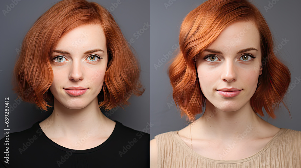 Before and after portrait of a young woman Before and after portrait of a young woman