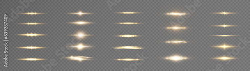 Set of horizontal light effects of curved light swirls. Flashes of light on a transparent background. Vector glowing light effect.