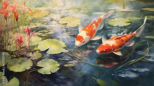 serene koi fish pond with lily pads watercolor paintin.Generative AI