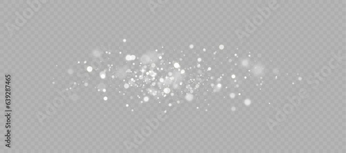Bright bokeh of white dust. Christmas glowing bokeh and glitter overlay texture for your design on a transparent background. White particles abstract vector background.