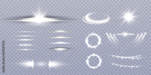 Set of light effects. Glowing isolated set of white light effects, glare, explosion, glitter, dust, line, sun flare, spark and stars, curve. Sunlight, abstract special effect.