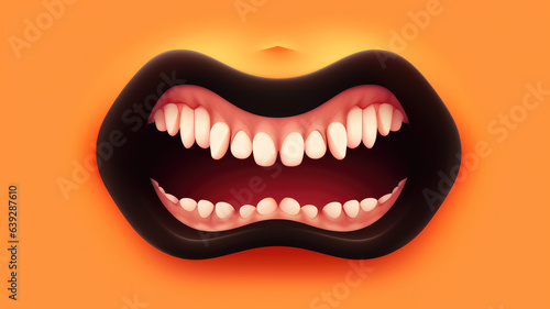 Monstrous Grin Unleashed: A Halloween design concept of a Cartoon Vampire's Big Open Mouth with Sharp Teeth and Playful Tongue, Isolated on orange background. Generative AI