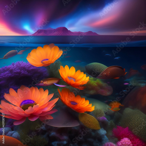 A group colorful flowers design  on a blue background
