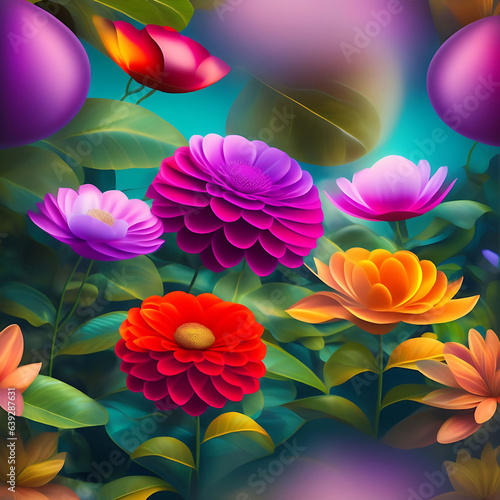A group colorful flowers design  on a blue background