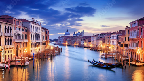 Panorama of Venice at night  Italy. Beautiful cityscape of Venice in evening. Panoramic view of Grand Canal at dusk. It is one of the main travel attractions of Venice. Romantic water trip in Venice