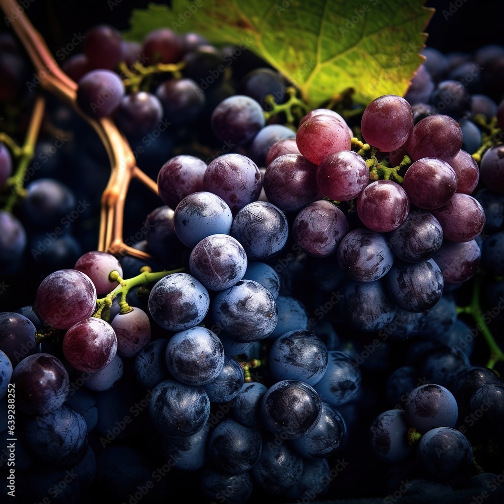 Fototapeta premium Realistic photo of a bunch of grapes. top view fruit scenery