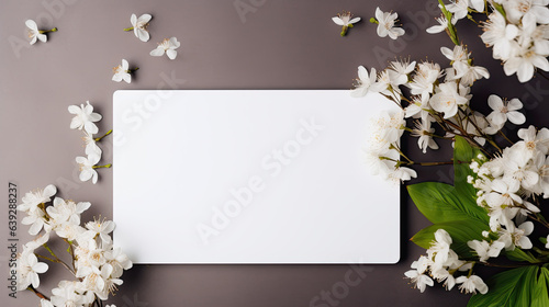 White paper or business card on a gray table with cherry flowers. Empty space for product placement or promotional text.