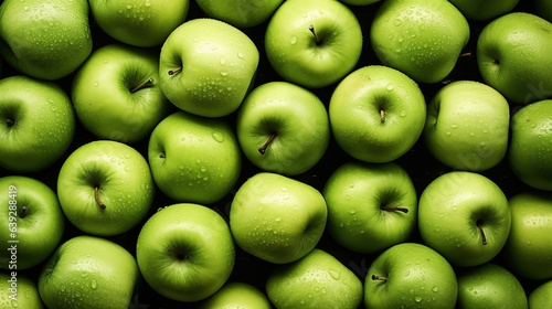 Realistic photo of a bunch of green apples. top view fruit scenery photo