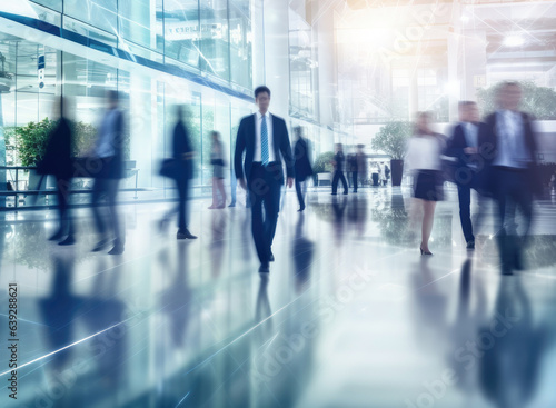 People walking in a glass office, blurred image