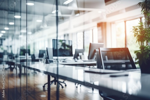 Business office without people with blurred bokeh background, with glass partitions