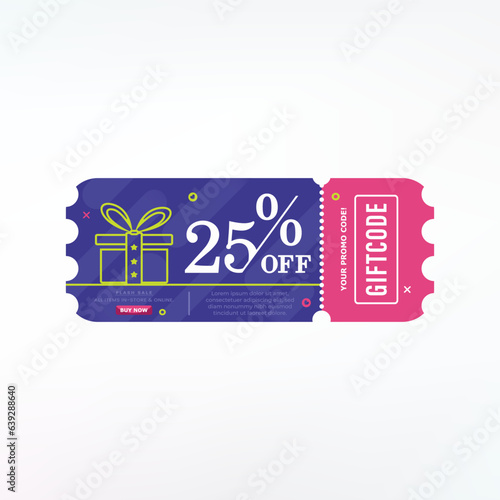 Promo code. Vector Gift Voucher with Coupon Code. 25% off gift vouchers.