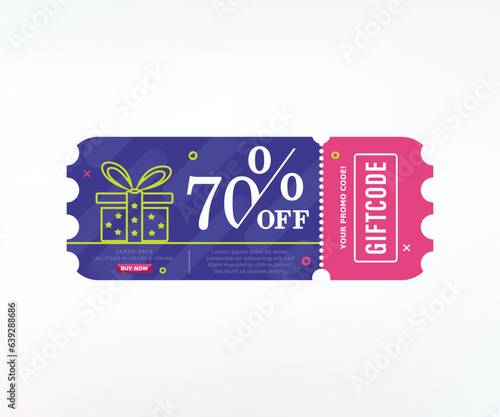 Promo code. Vector Gift Voucher with Coupon Code. 70% off gift vouchers.