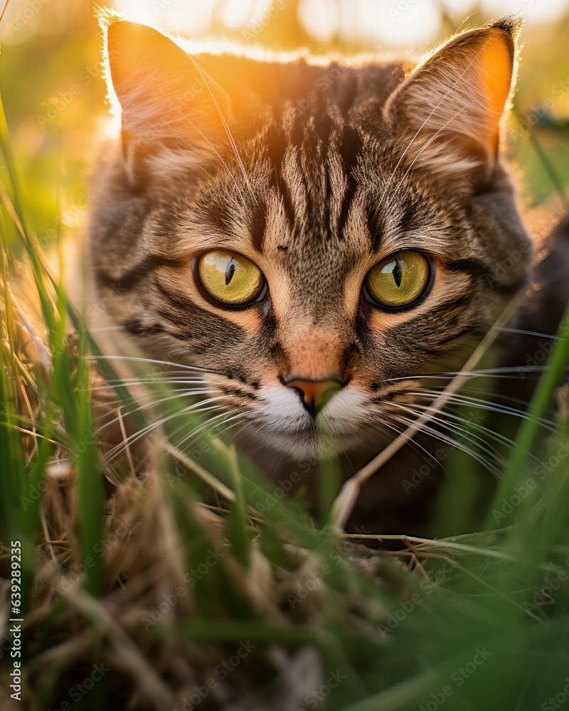 Cat in a field, illuminated by the golden rays of sunset, surrounded by earthy tones of the grassy meadow