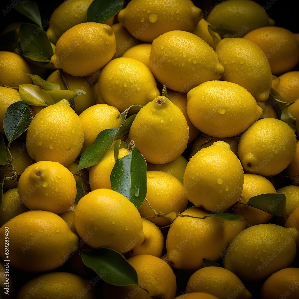 Realistic photo of a bunch of lemons. top view fruit scenery