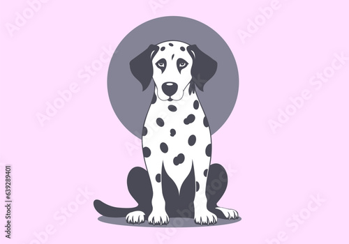 Vector cute sitting white spotted Dalmatian breed puppy. Sticker or icon. Handsome doggy. Friendly pet. Isolated background.