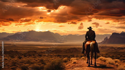 Cowboy riding horse in a Western-style desert landscape with rolling hills and warm sunset