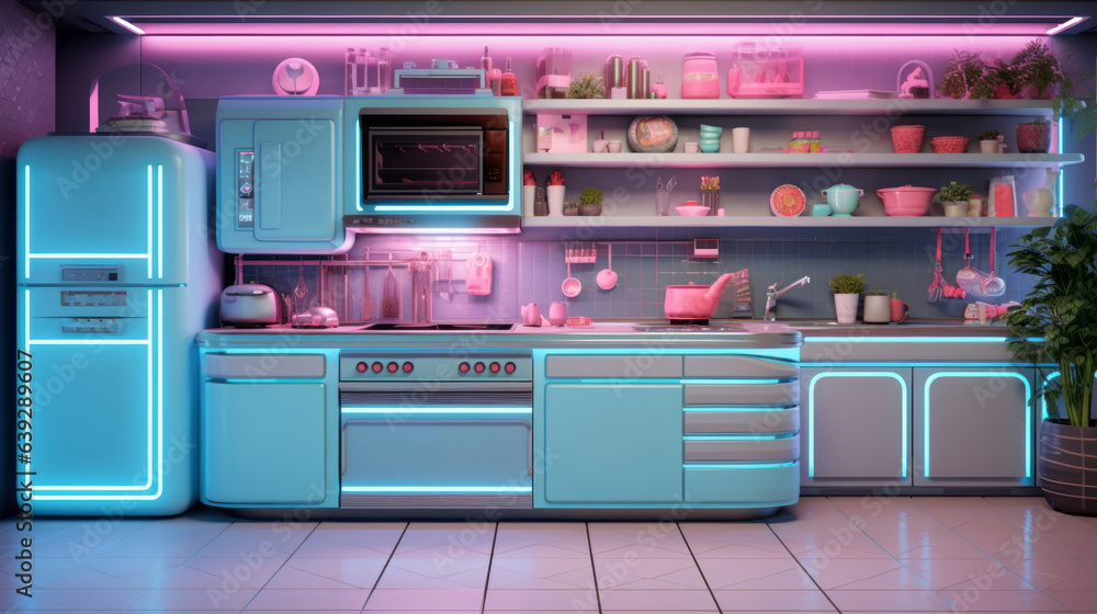 Futuristic kitchen, background, metaverse, virtual background, immersive, virtual reality, neon lighting, Retrowave style, vintage Futuristic kitchen, background, metaverse, virtual background, immersive, virtual reality, neon lighting, Retrowave style, vintage