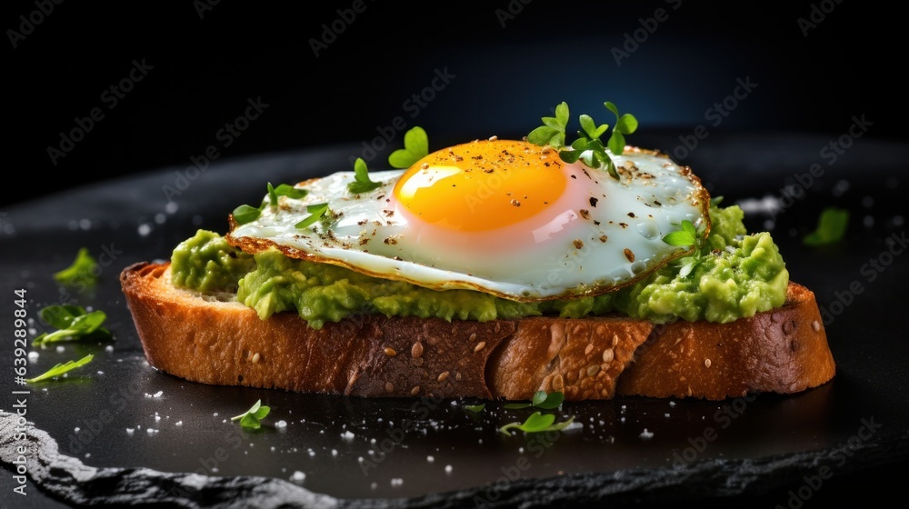 Toast with guacamole and fried egg against a dark background. Toast with guacamole and fried egg against a dark background.