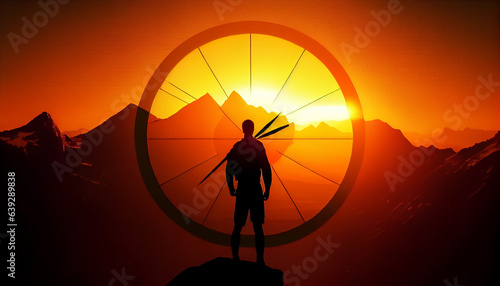 Silhouette of a person on the mountain, in sunset or dawn sky, Business goals achievement, Ai generated image photo